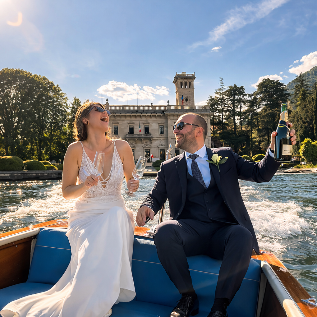 Bride and groom on a boat, celebrating with champagne in front of a grand villa.