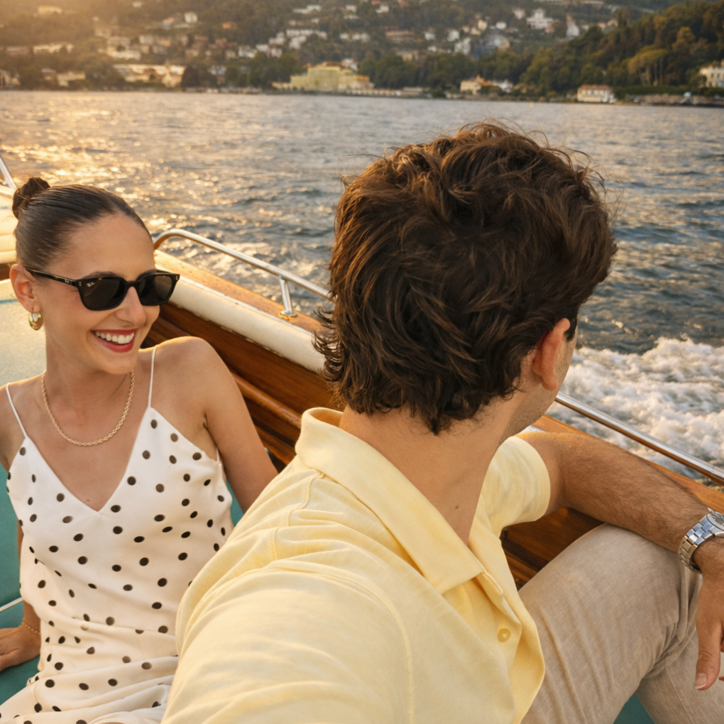 Two people on a boat, smiling with a lake and hills in the background at sunset.