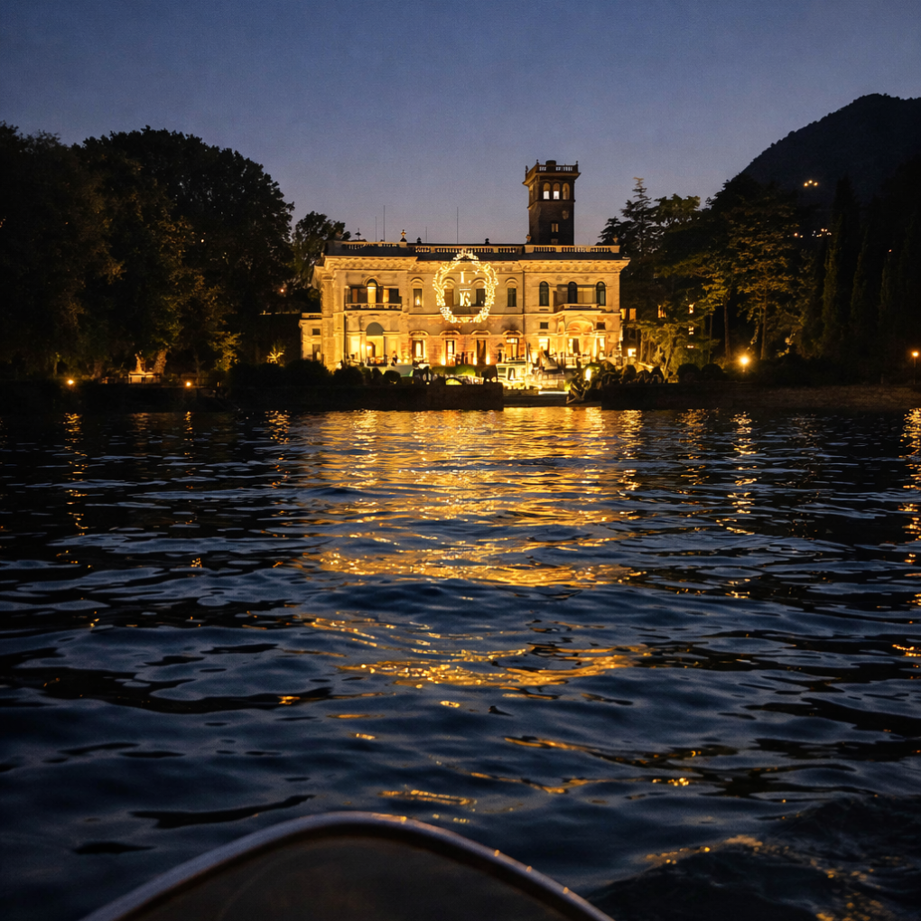 Illuminated building near water at dusk with reflections on the surface.
