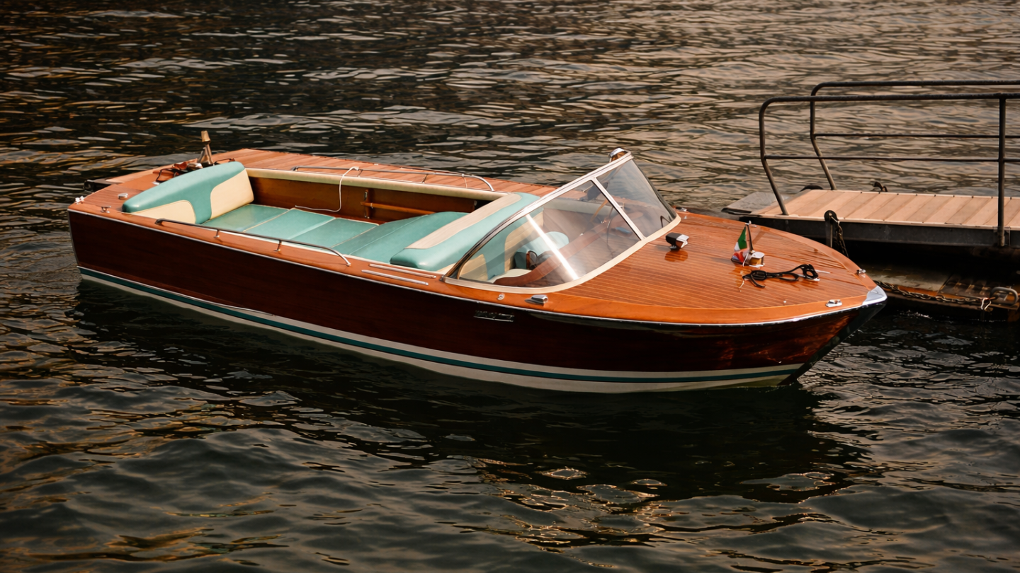 Wooden motorboat with teal seats docked beside a pier on calm water.