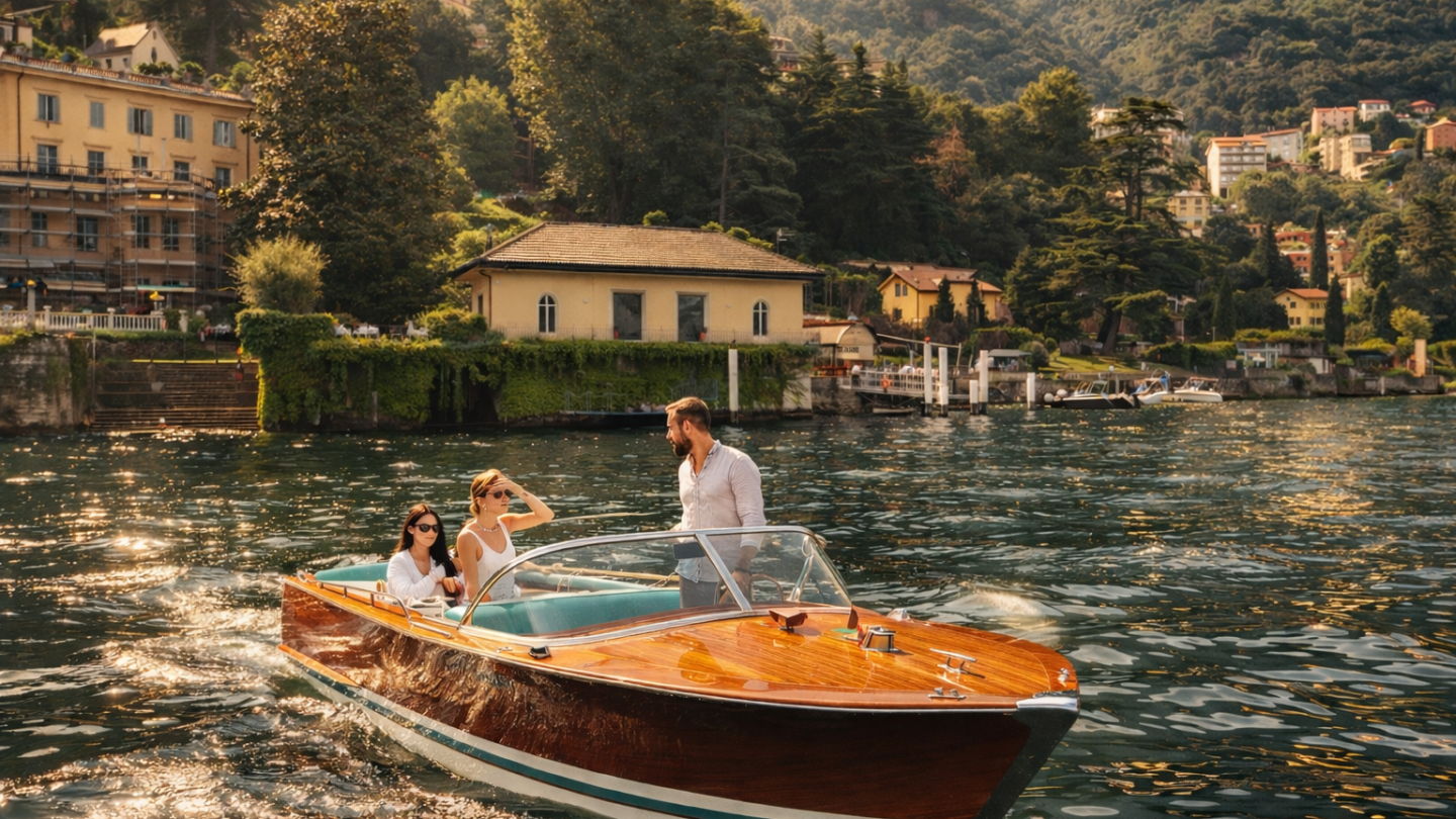 Three people on a wooden boat on a lake with scenic buildings and hills in the background.