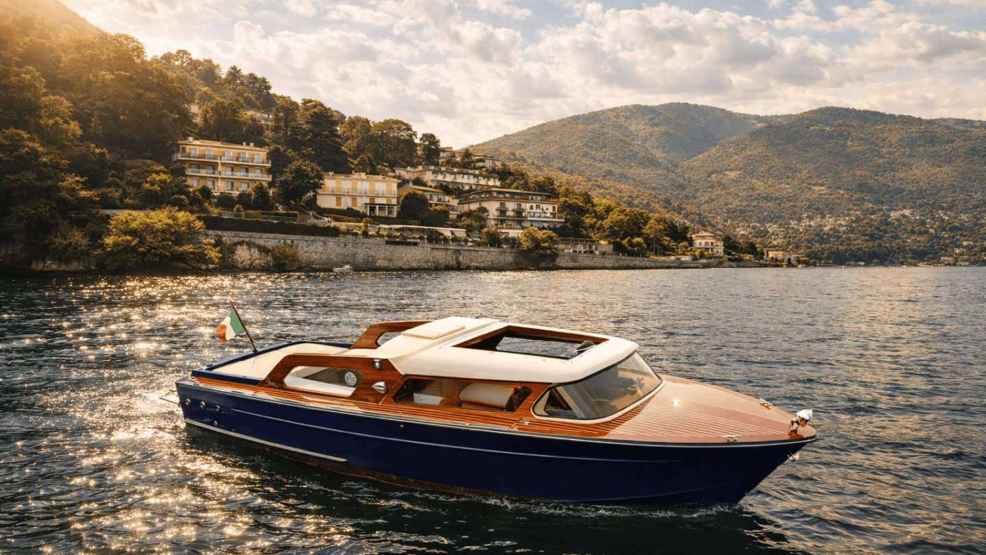 Wooden boat on a sunny lake with hillside houses in the background.
