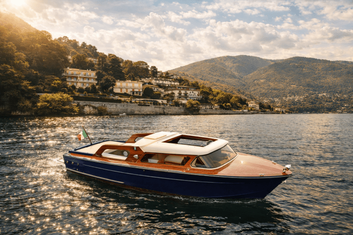 Wooden boat on a sunny lake with hillside houses in the background.