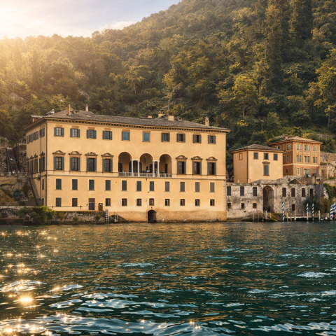 Historic villa by a lake surrounded by forested hills under a golden sunset.