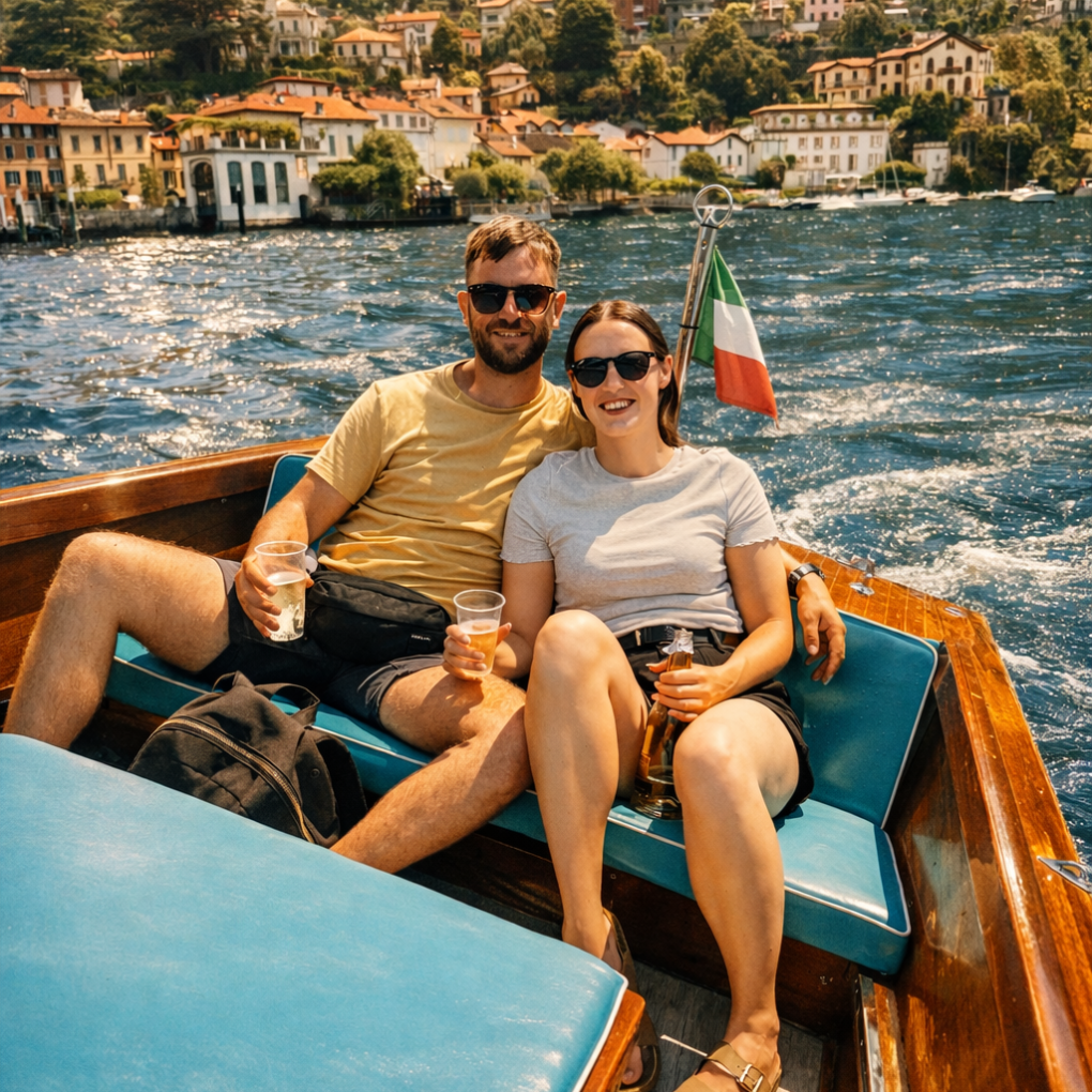 Couple relaxing on a boat with drinks, scenic hillside village in background.