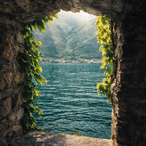 Stone window frame with ivy overlooking a lake and mountains.