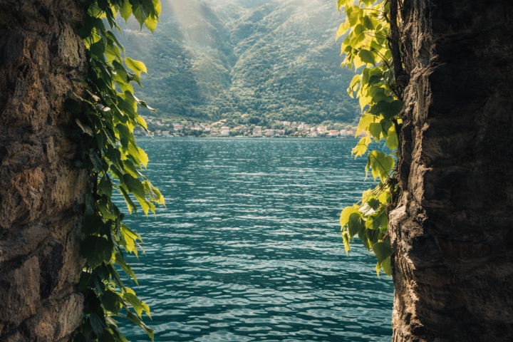 Stone window frame with ivy overlooking a lake and mountains.