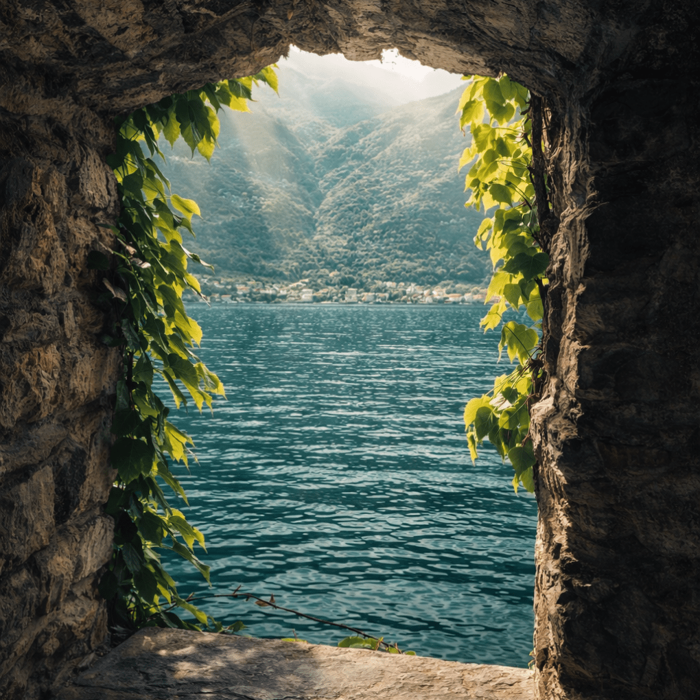 Stone window frame with ivy overlooking a lake and mountains.