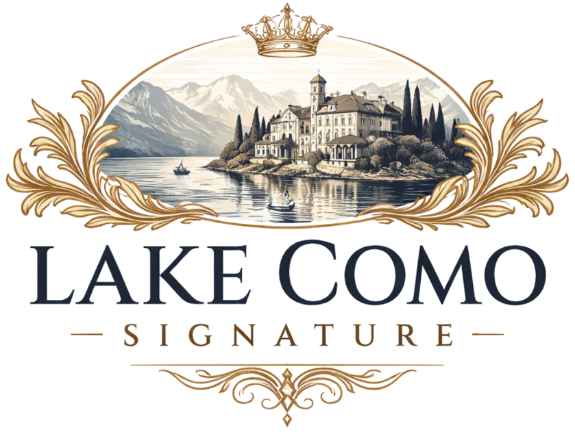 Ornate logo with a scenic lake and villa, crowned with gold flourishes. Text: Lake Como Signature.
