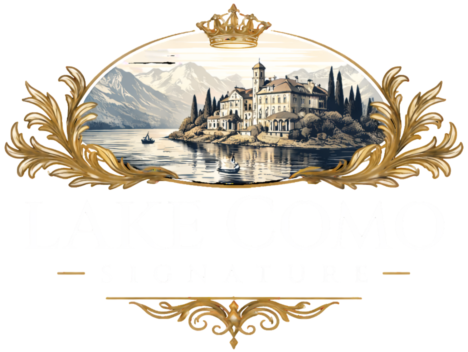 Lake Como Signature logo with ornate design and scenic illustration of mountains and lake.